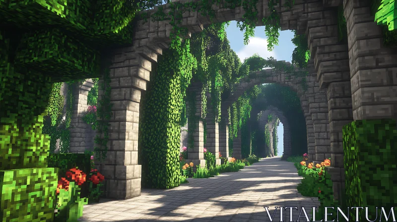 Ancient Ruins with Sunlit Pathway and Colorful Blooms Ancient Ruins with Sunlit Pathway and Colorful Blooms