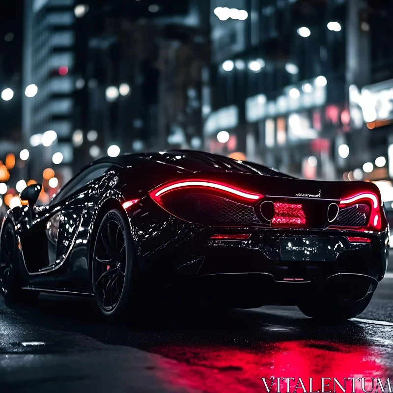 Luxurious Black Supercar Parked in Illuminated Urban Night AI Image