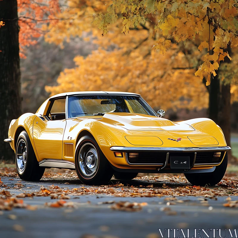 Vintage Yellow Car Amidst Autumn Trees AI Image