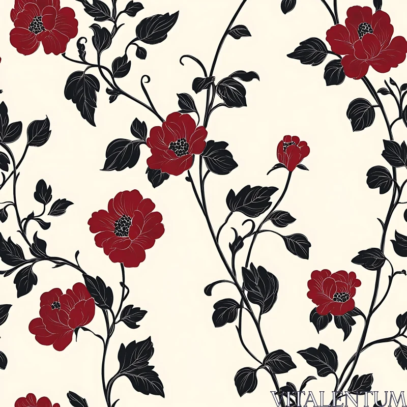 Seamless Red Flower and Dark Leaf Design AI Image