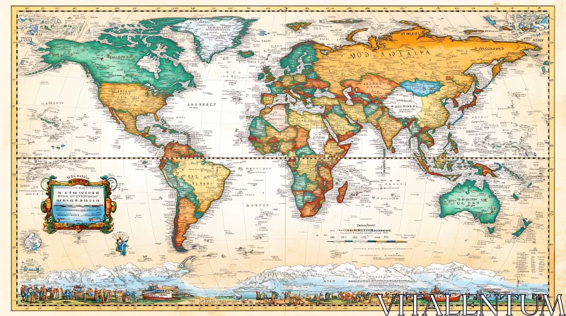 Antique World Map with Illustrations AI Image