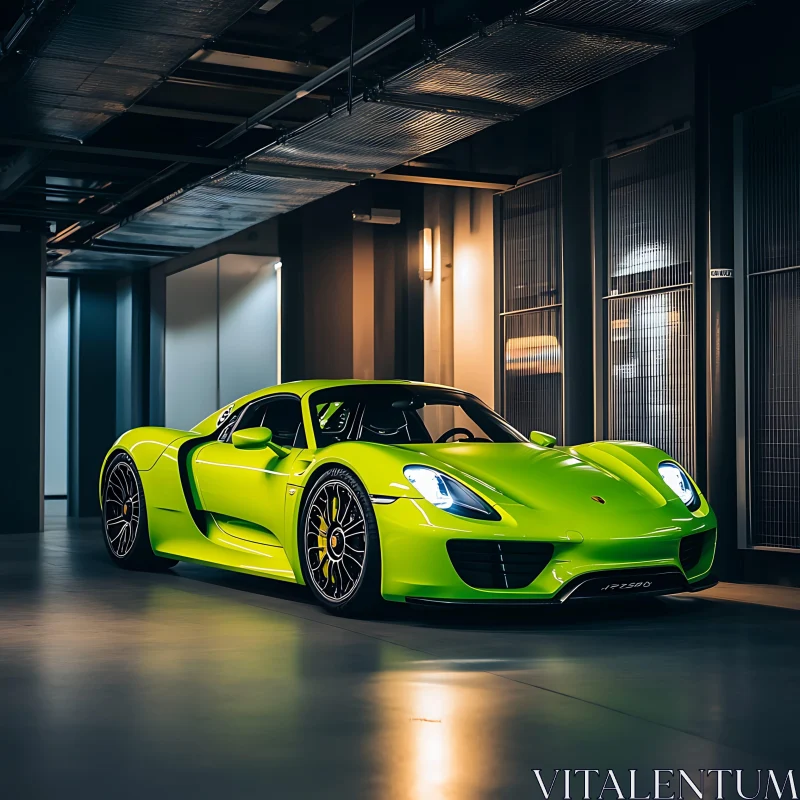 Luminous Green Luxury Car in Industrial Garage AI Image