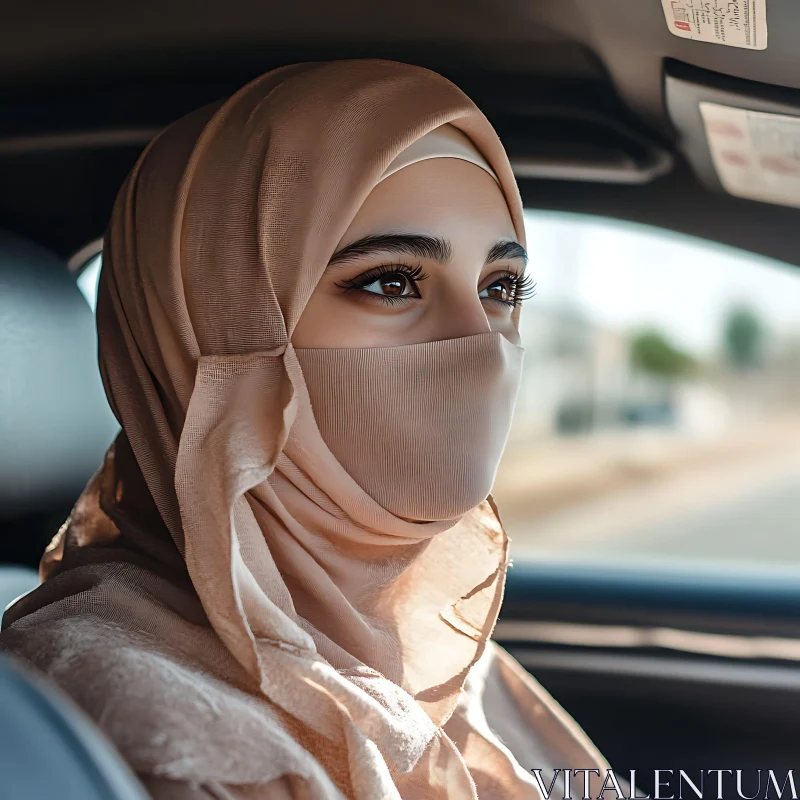 Woman Wearing Hijab and Face Veil in Car AI Image