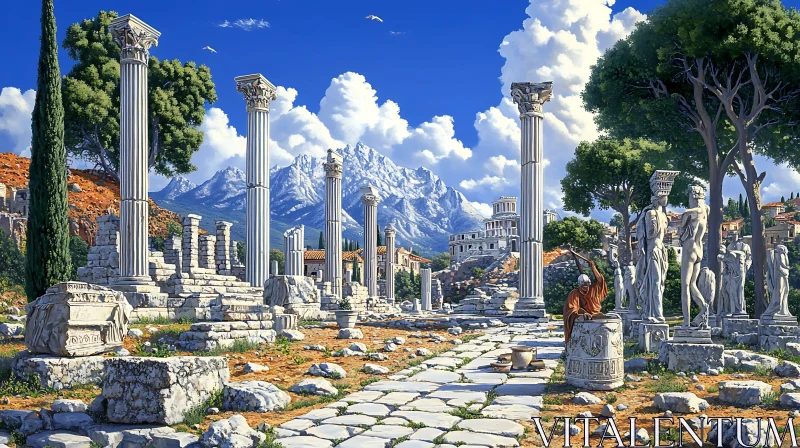 Majestic Ancient Ruins with Statues and Columns AI Image