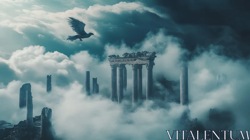 Fog-shrouded Ancient Columns with Bird AI Image