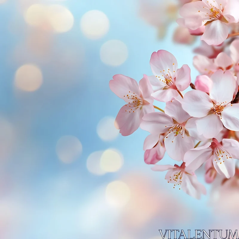 Delicate Pink Cherry Blossoms Against a Soft Blue Background AI Image