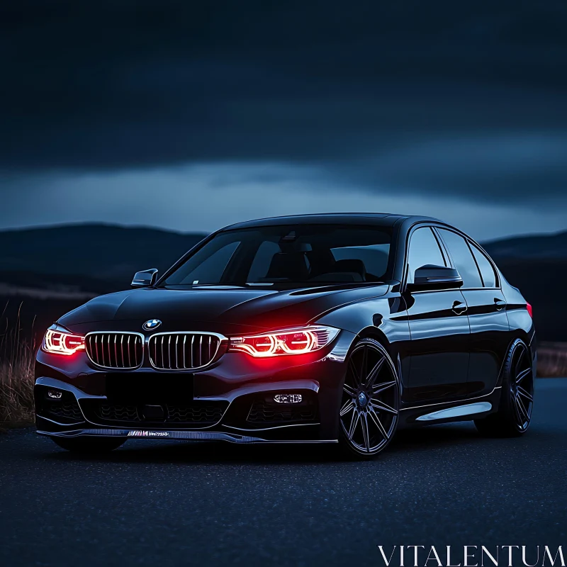 Stylish Black Car With Illuminated Red Headlights AI Image