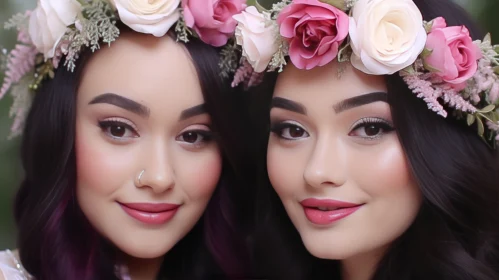 Captivating Image of Two Women Wearing Pink Floral Crowns