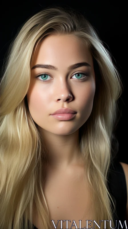 Captivating Portrait of a Young Woman with Blonde Hair and Dark Blue Eyes AI Image