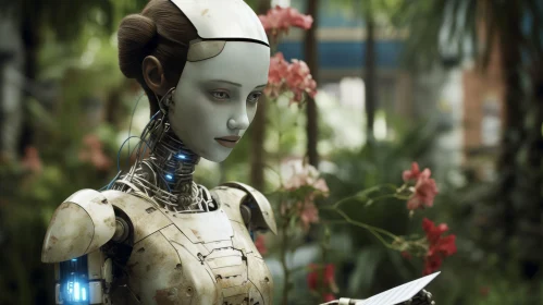 Photorealistic Portraiture: Female Robot with Envelope Amidst Botanical Backdrop