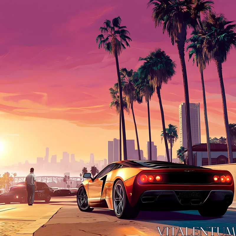 City Boulevard with Sleek Car and Sunset AI Image