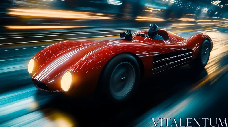 Nighttime Speeding Red Vintage Car AI Image