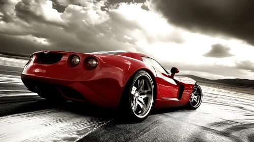 Sleek Red Car in Atmospheric Landscape