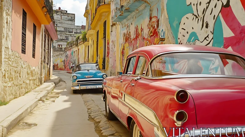 Classic Automobiles on a Graffiti-Adorned City Street AI Image