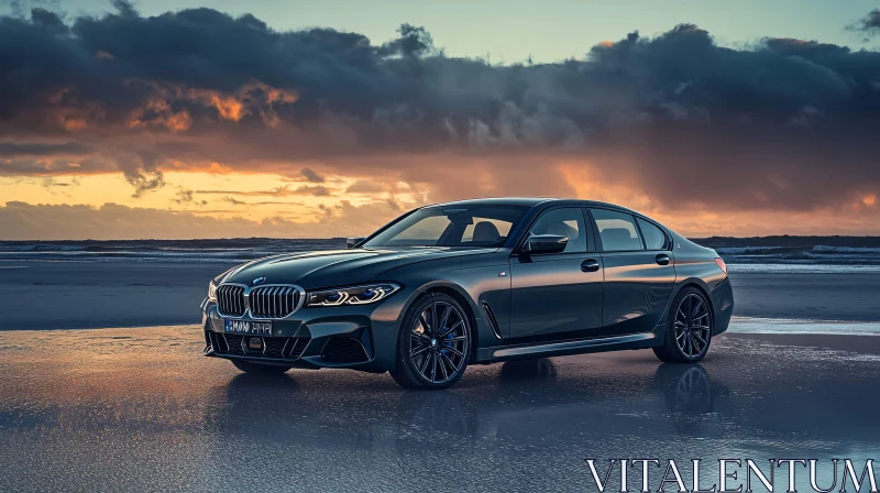 Elegant Car Parked by the Beach During Sunset AI Image