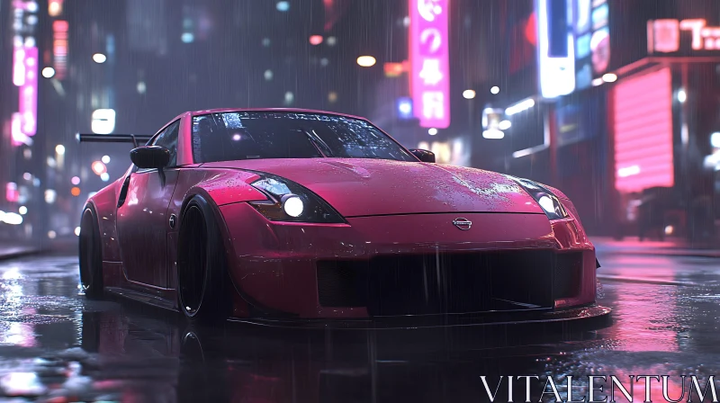 Sleek Red Sports Car at Night in the City AI Image