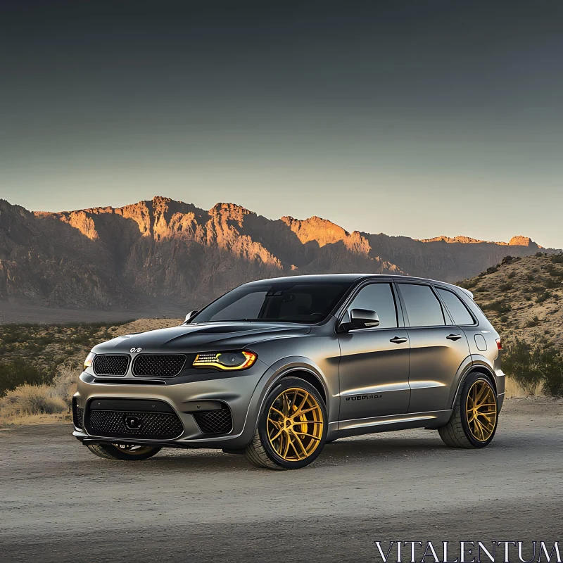 Stylish SUV in Stunning Desert Mountain Scenery AI Image