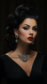 Captivating Lady in Black with Red Lipstick and Glamorous Makeup