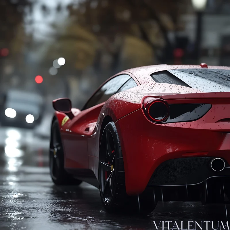 Sleek Red Car in Wet Urban Environment AI Image