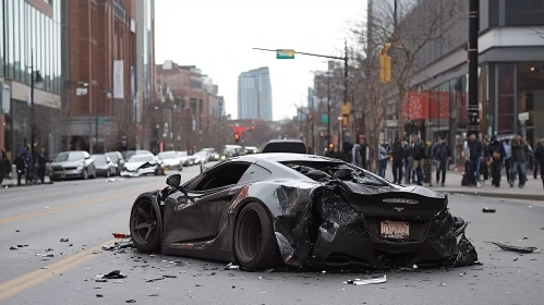 Urban Car Accident Scene with Black Sports Car