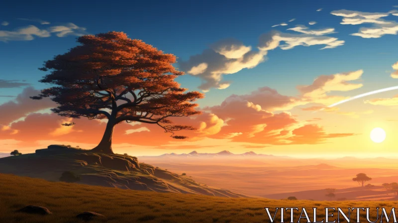 Serene Sunset Landscape with Solitary Tree AI Image