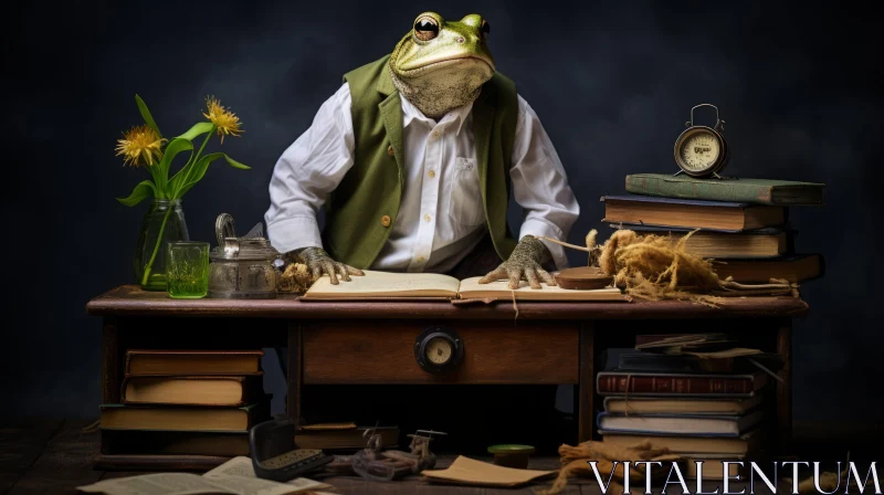 Sophisticated Frog Amidst Books: A Tale of Eccentric Creativity AI Image