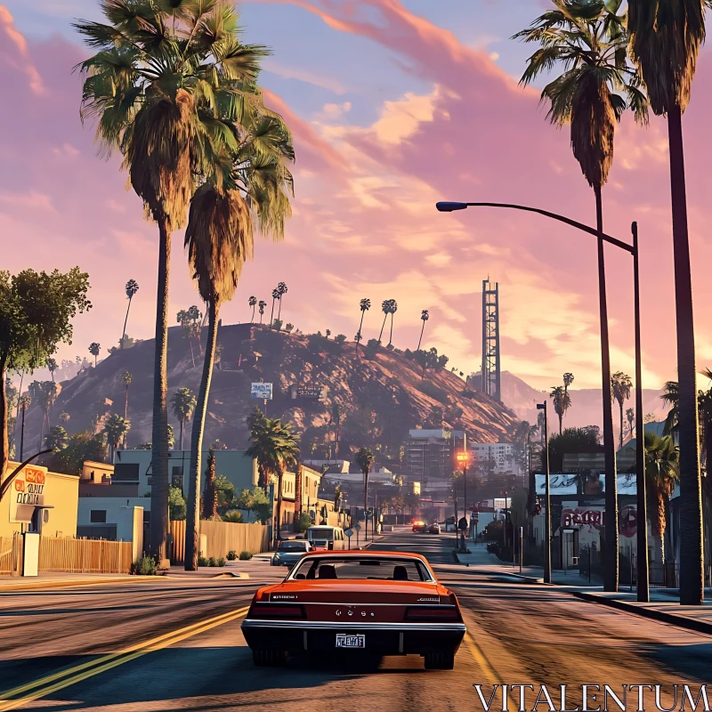 Urban Evening Drive with Sunset and Palms AI Image