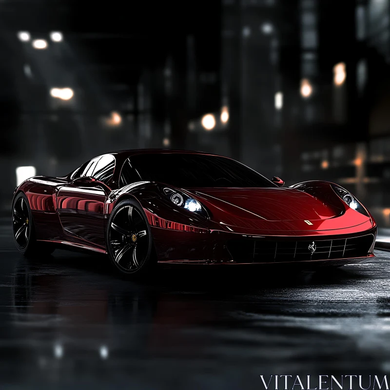 Luxury Red Car in City Lights AI Image