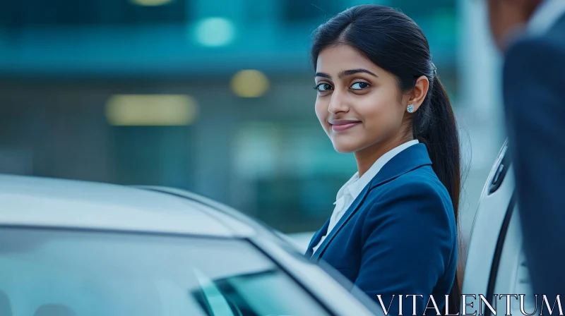 Smiling Young Businesswoman Next to Car AI Image