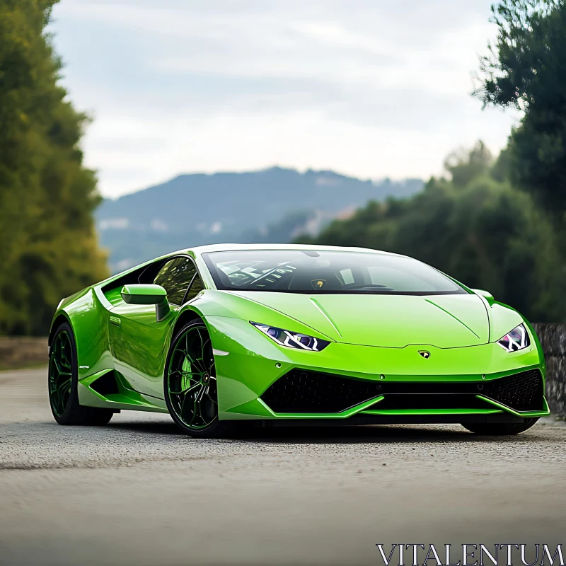 Luxurious Green Sports Car in Scenic Landscape AI Image