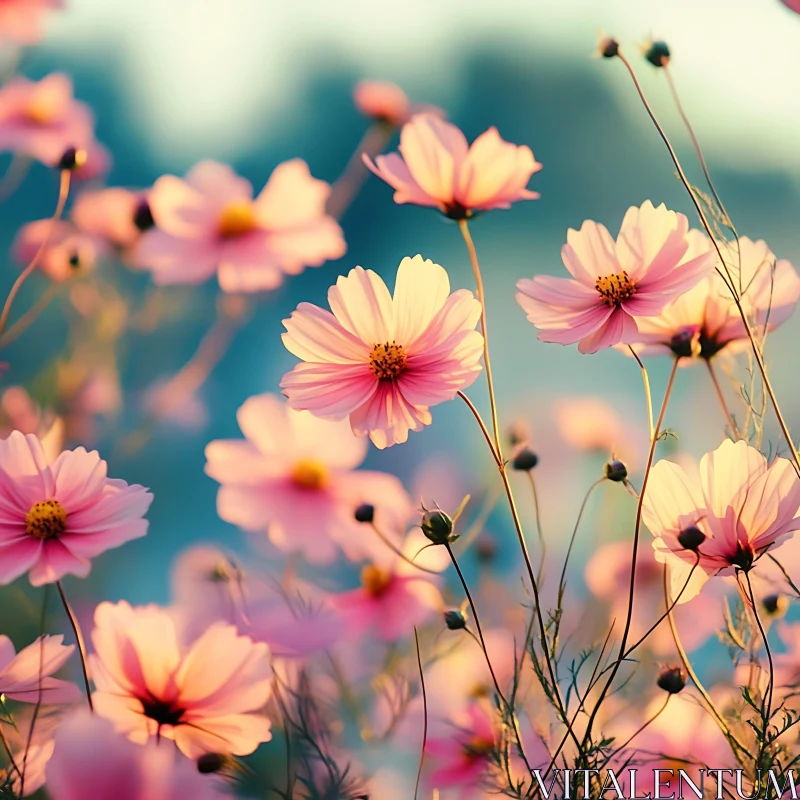 Sunlit Garden with Pink Blossoms AI Image