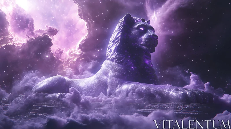 Celestial Lion Sculpture Amidst Mystical Clouds AI Image