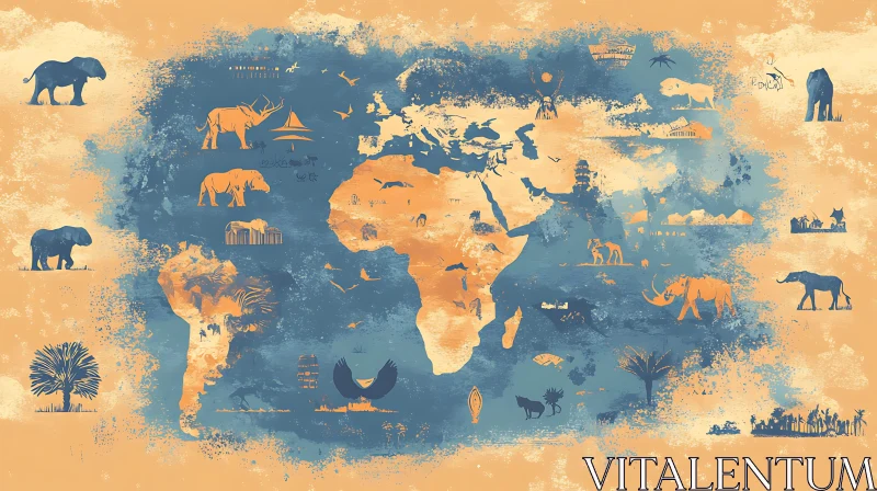 Animal and Cultural Motif World Map Art AI Image