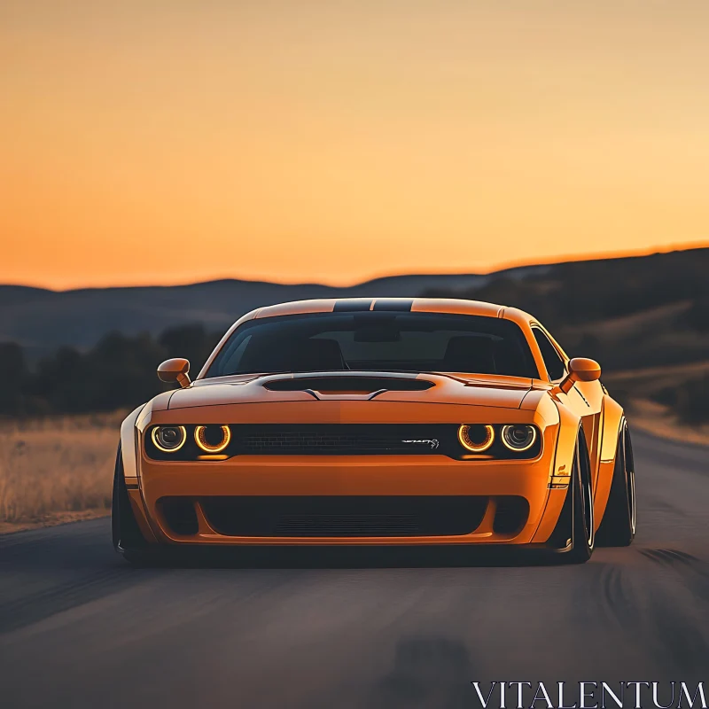 Orange Muscle Car Headlights Sunset AI Image