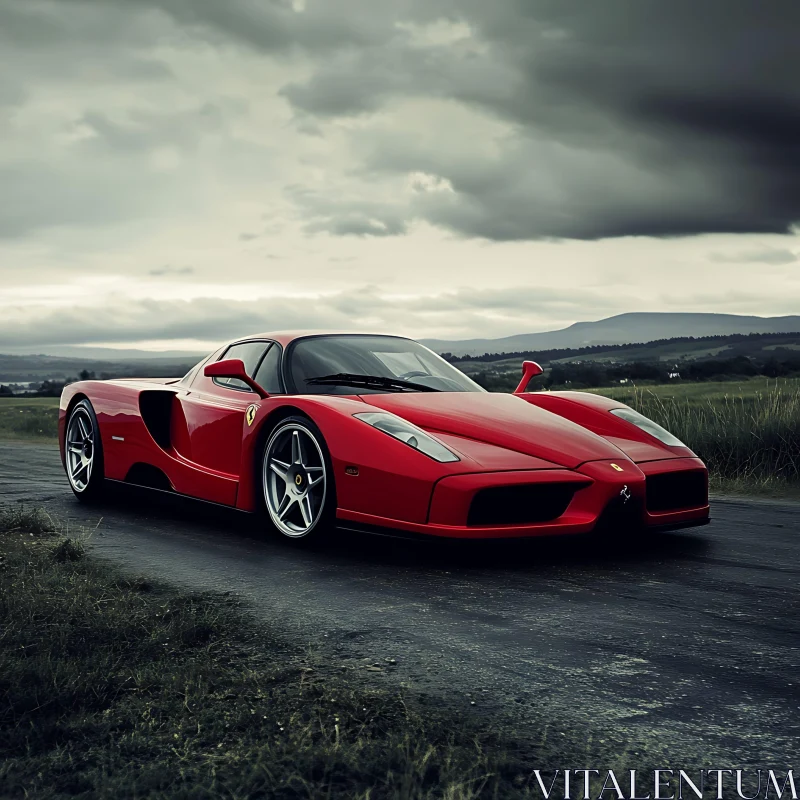 Luxurious Red Car Under Dark Sky AI Image