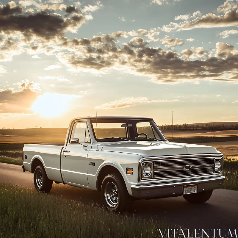 Vintage Pickup Truck in Sunset Landscape AI Image