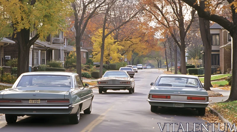 Classic Cars and Autumnal Suburban Scene AI Image