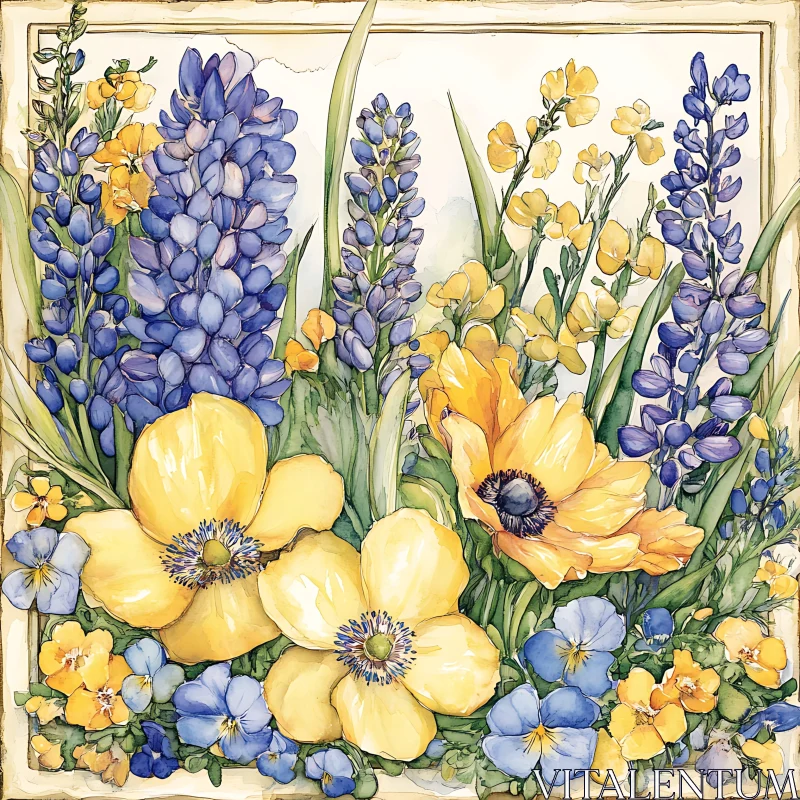 Beautiful Botanical Watercolor of Vibrant Flowers AI Image