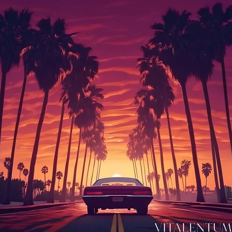 Palm-Tree Road Sunset Journey AI Image