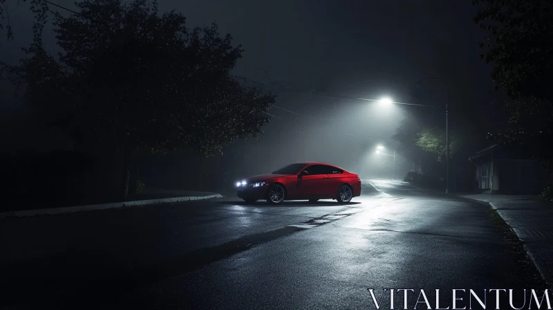 Nighttime Foggy Street with Red Sports Car AI Image