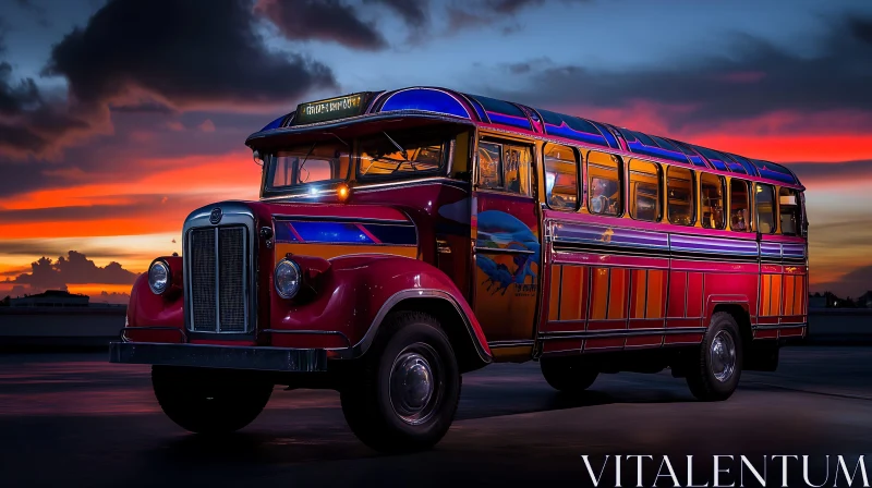 Colorful Vintage Bus at Dusk AI Image