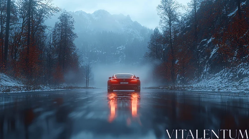 Sports Car amidst Misty Mountain Forest AI Image