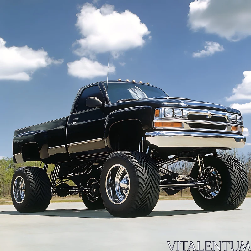 Lifted Black Pickup Truck Under Blue Sky AI Image