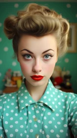Vintage Charm: Woman with Blonde Hair and Red Lipstick in Polka Dot Shirt