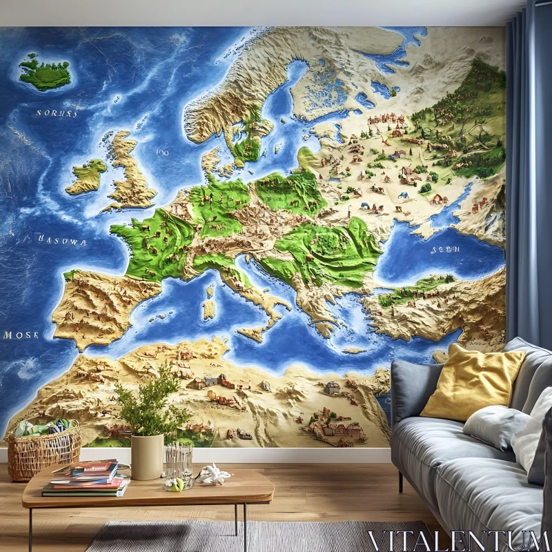 Artistic Wall Map in Home Interior AI Image