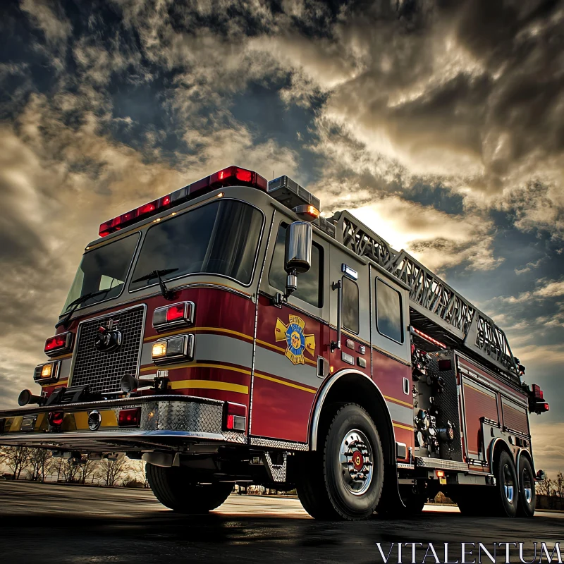 Fire Truck with Ladder in a Scenic Setting AI Image