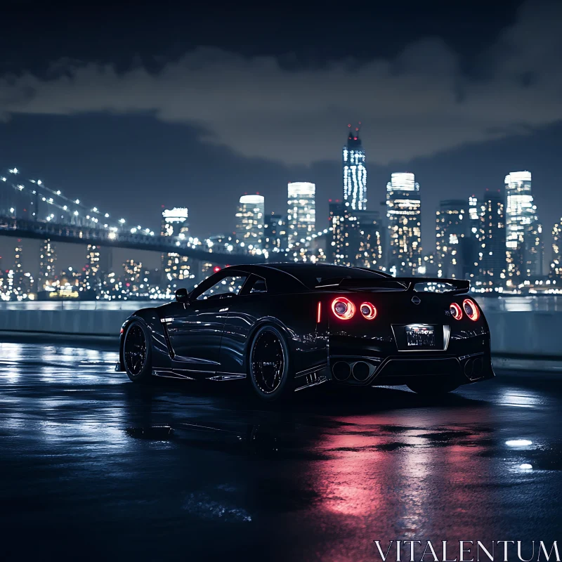 Urban Nightscape with Black Sports Car AI Image