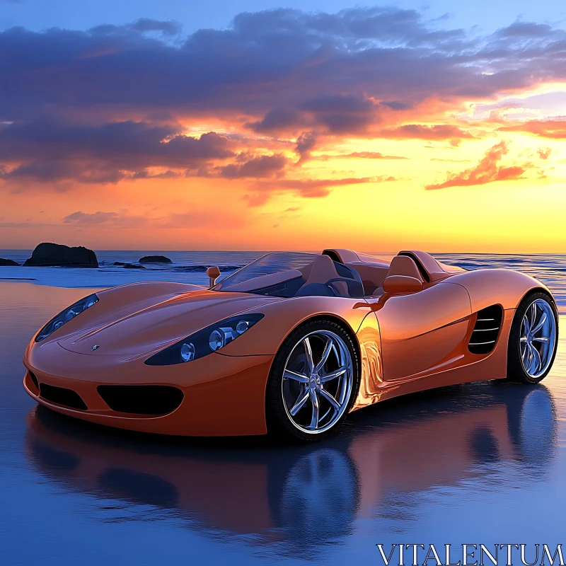 Sleek Orange Sports Car on Beach with Sunset Reflection AI Image