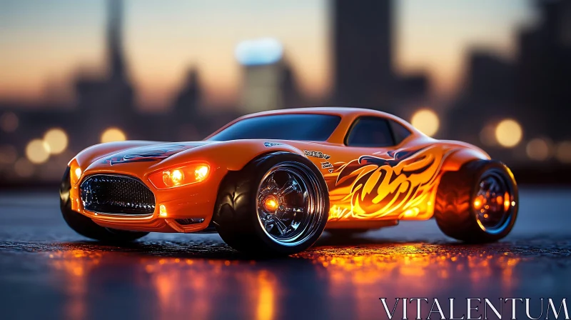 Detailed Orange Toy Car in Urban Sunset AI Image