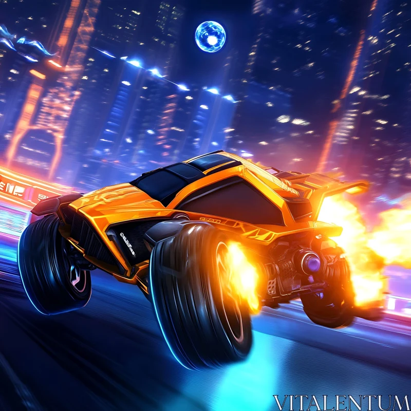 High-Speed Futuristic Car in Neon Cityscape AI Image